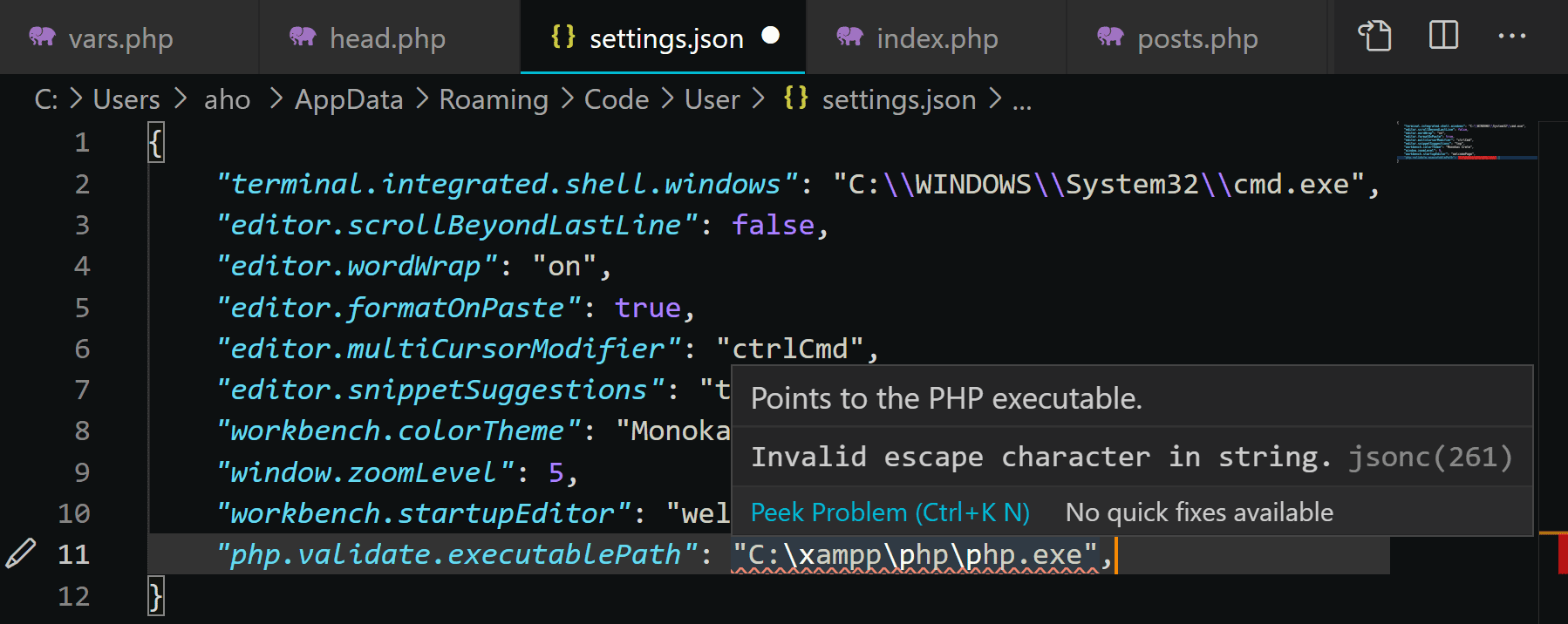 php validate executable path vscode